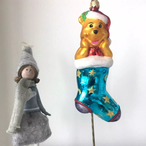 Rare Christopher Radko Disney WINNIE THE POOH Teal Blue Stocking Glass Ornament - Picture 2 of 9